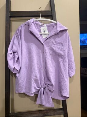 Women's Lavender Tie-Hem Button Blouse - Casual Shirt